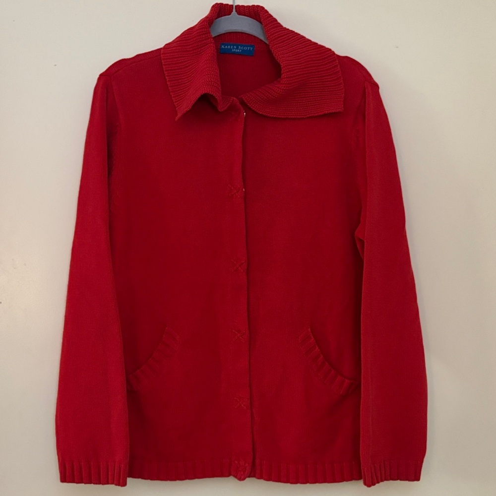 3 for $25! Karen Scott Sport Red Knit Snap Button‎ Cottage core Cardigan, XL